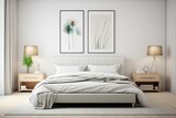 Fototapeta  - bedroom interior with a large comfortable bed. Modern style. Front view. Generative AI