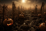 Fototapeta  - Creepy Pumpkin Patch with Cobwebs and Mysterious Shadows. Halloween art