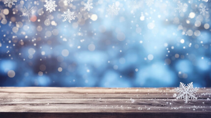 Winter holiday christmas xmas background banner greeting card - Empty old wooden table with blue sky, snowflakes, ice crystals, and bokeh lights in background