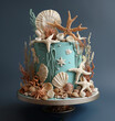Sea cake for ocean birthday party. Sweet dessert food, decorated by underwater fishes, tropical shells, candy corals, starfishes