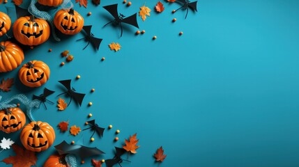 Halloween frame with party decorations of pumpkins, bats, ghosts, spiders on blue background from above. Happy halloween card in flat lay style. Generative AI