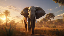 Elephant On The Savanna Under The Morning Sun. Generative AI