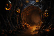 Witchs LairA dark and creepy tunnel lined with vibrant pumpkins carved with spooky faces with a hint of a witchs cackle echoing from. Halloween art