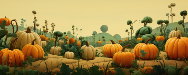 Fantastic Whimsical Pumpkin Patch with Oversized Gourds and Vines. Halloween art