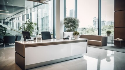 Wall Mural - Modern reception interior with desk and workspace near panoramic window, light interior. Generative AI