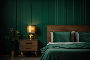 Wall Mural - The interior of the bedroom in dark green with a wide bed, a wooden nightstand and a golden lamp. Generative AI