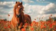 Red horse with long mane in flower field against sky. Generative AI