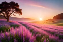 Summer Flowers Meadow, Ideal Spring Background With Blossoming Lilac Bushes Flowers And Pink Wildflowers On Meadow. 