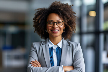 Wall Mural - A smiling  business afro woman ceo wearing glasses Happy middle aged business woman ceo standing in office with arms crossed. Smiling mature confident professional executive manager, proud lawyer, bus