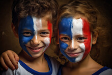 Two Young Children With Their Faces Painted In The Colors Of The French Flag