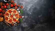 Tasty Pepperoni Pizza With Mushrooms And Olives. White Gold Marble Table. Top View. There Is A Lot Of Empty Copy Space For Text On The Left. Generative AI