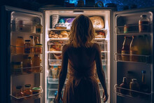Woman Standing In Front Of An Open Fridge, Looking For A Midnight Snack..Ai Generated
