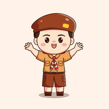 Indonesian Scout Boy Hands Up Cute Kawaii Chibi Character Illustration