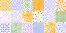 Vector Groovy Seamless Patterns And Backgrounds. Set Of Vector Backgrounds In Trendy Retro Trippy Y2k Style. Lilac And Green Colors. Fun Hippie Texture For Surface Design.