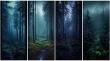 Cinematic And Dramatic, A Set Of Forest Landscapes. Charming And Nordic Color Tones.  Created With Generative AI Technology.