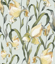 Botanical Seamless Pattern With Yellow Irises, Orchid And Lily In A Watercolor Style