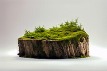 Green Moss Thrives On The Aged Log With An Interesting Texture, Isolated On A White Background With Clipping Paths.