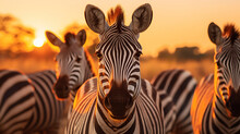 Herd Of Zebras In The Morning Sun. Generative AI
