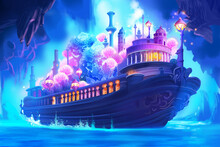 Picture Of Cruise Liner In The Sea With Flowers, Front View. The Huge Pirate Ship In The Sea. Fantasy Backdrop Concept Art Realistic Illustration Video Game Background Digital Painting CG Artwork.
