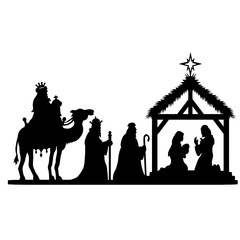 Holy Night silhouette - Nativity scene of baby Jesus silhouette in a manger with Mary and Joseph with the three wise men. Christian Christmas silhouette of animals. Illustration for children.