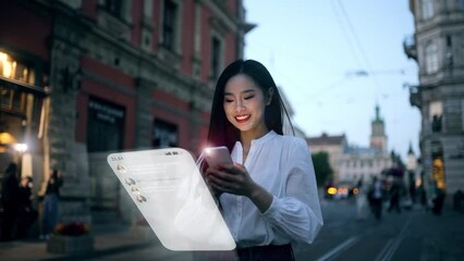 Wall Mural - Beautiful Smiling Asian Woman Using Phone on a City Street at Night. Visualization of Social Media, Chatting, Texting, Messaging App Icons Flying Around the Phone. Social Networking Service