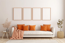 Four Empty Vertical Picture Frames In A Modern Living Room With White Sofa, Orange Pillows And Plants. Wall Art Mockup Set Of 4 Posters.