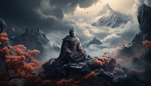 Divine Buddha Statue In Asia Among Indian Mountains And Clouds. Made In AI
