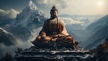 Divine Buddha Statue In Asia Among Indian Mountains And Clouds. Made In AI