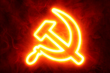 Wall Mural - Neon glowing hammer and sickle communism symbol background