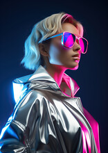 Futuristic Chrome Neon Glowing Woman Strides Confidently In Her Stylishly Bold Outfit, Featuring A Silver Jacket And Dark Sunglasses, Embracing Fashion With A Modern Edge