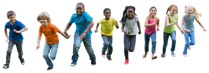 Wall Mural - Digital png photo of diverse children running on transparent background