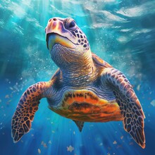 Portrait Of A Happy Sea Turtle Swimming Underwater. Generative Ai.