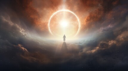 Religious celestial sky with aura of soul. AI generative.