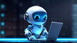 Cute friendly articifial intelligence robot using laptop computer with blue neon glow light, chatbot and AI assistant concept futuristic technology 3d illustration.