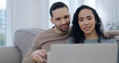 Sticker - Happy couple, coffee and laptop on sofa for streaming, movies and subscription show in home living room. Man, woman and tea for relax film, social media and watching multimedia on technology in house