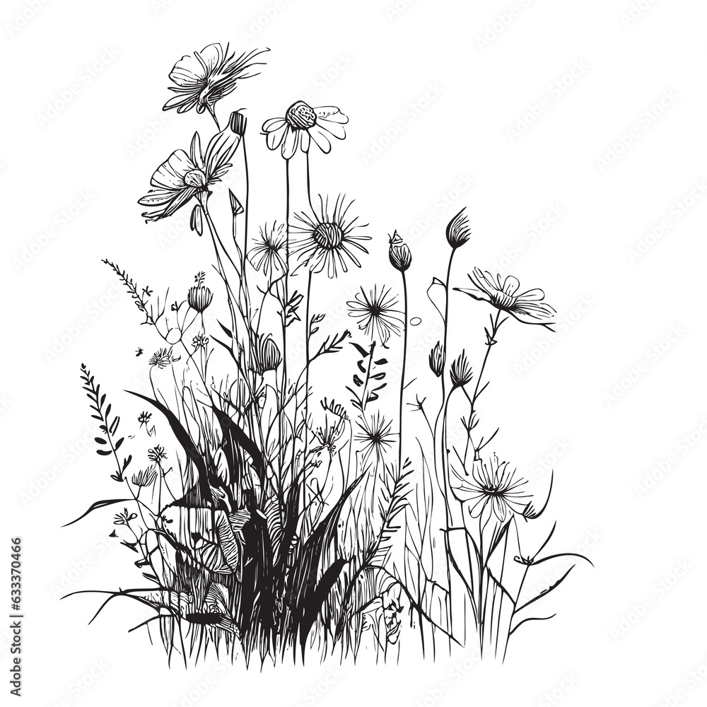 Wild field daisies hand drawn sketch in doodle style field illustration ...
