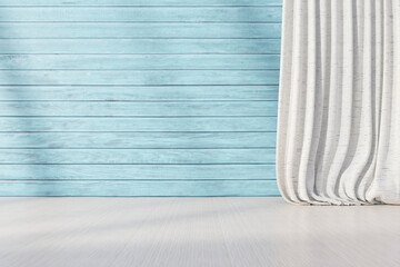 Wall Mural - Abstract 3d render minimal scene podium backgroud, Light and shadow from window with Blue wooden wall and fabric curtains for product display, advertising, mockup or etc