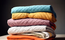 Stack Of Colorful Quilts, Sewing And Fashion Concept, Beautiful Bedspreads Stacked In Several Rows In Height For Storage.