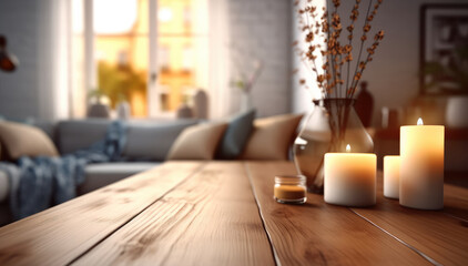 Poster - Vintage wooden table top with candles at living room, Interior architecture.