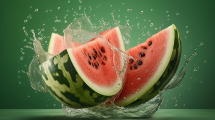 Wall Mural - Ripe and juicy watermelon falling in the air isolated on a pastel green background. AI Generative