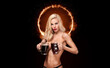 canvas print picture - Oktoberfest Beer fest. Young sexy and naked woman, serving big mugs on dark background.