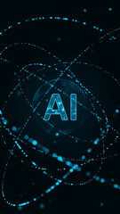 Wall Mural - Blue digital AI logo with particle ring circle rotation and ai technology icon on futuristic abstract background artificial intelligence and machine learning vertical
