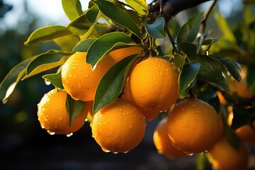 Wall Mural - Juicy oranges grow on trees. orange farm. sunsoaked