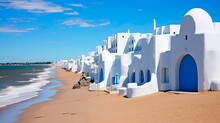 Beautiful Landscape Of Casapueblo Punta Del Este Beach Hotel In Uruguay With Blue Ocean Water - Ideal For Holidays And Landmark Visits: Generative AI