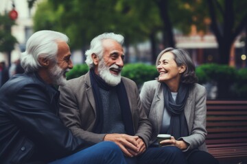 Wall Mural - Smiling laughing colleagues elderly friends in park bench laughing discussing businessmen meeting discuss friendly dialogue communication. Old friendship business diversity talking together outdoors