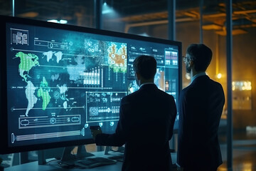 Project Manager and Computer Science Engineer Talk while Using Big Screen Display and a Laptop, Showing Infrastructure Infographics Data.