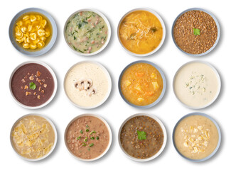 Various soup flavors in bowls isolated over white background