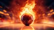A burning bowling ball rolling towards the pins