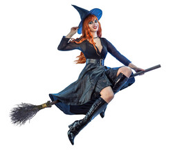 Halloween Witch flying on a broomstick. Female wizard fairy character for All Saints' Day. Fantasy gothic red-haired sorceress girl dressed in black carnival costume