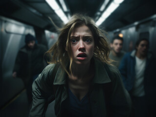 Close up of a scared young woman trapped in the subway, and syrrounded by passengers, showing a shock horror spooky face with wide eyes and an open mouth.